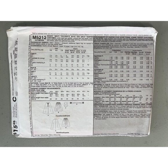 McCalls M5212 Sewing Pattern Size Adults Small-XL Vampire Costume Party UNCUT - Picture 3 of 6